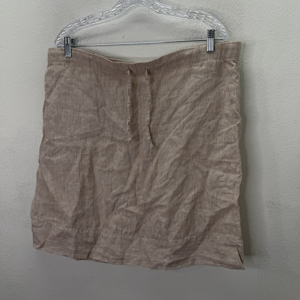 J Jill Love Linen Tan White Stripe Skirt Sz M-XL Drawstring Above Knee Pencil